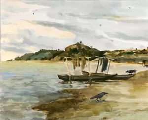 ACEO STAMPA DI DIPINTO PAESAGGIO MARINO SPIAGGIA RYTA CORVO CORVO DECORAZIONE NAUTICA - Foto 1 di 1