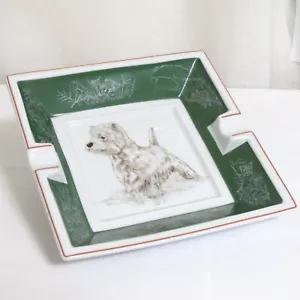 Auth Hermes Dog West Highland White Terrier Green Ashtray Porcelaine 15.5cm/6" - Picture 1 of 22