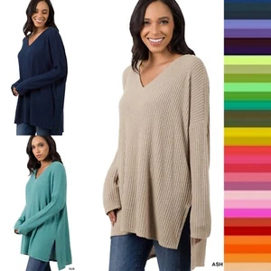 Women's V Neck Soft Brushed Thermal Waffle Sweater Warm Top S-XL Plus 1X 2X 3X - Picture 1 of 50
