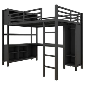 Metal Full Size Loft Bed W/ Wardrobe /L-Shaped Desk/Shelves for Kids Teens Black - Picture 1 of 17