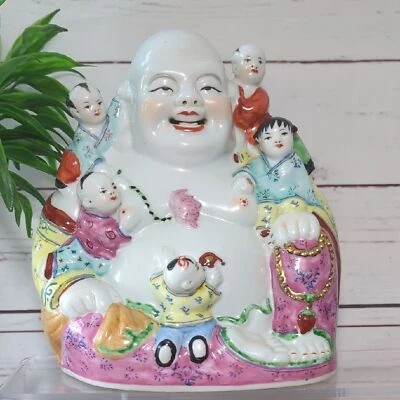 Estatuilla colorida grande de porcelana de 9" de colección de Buda riendo con cinco niños Foto 1 de 4