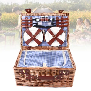 Large Wicker Picnic Basket With Cups Flatware Set Utensils Basket For 4 Person - Picture 1 of 11