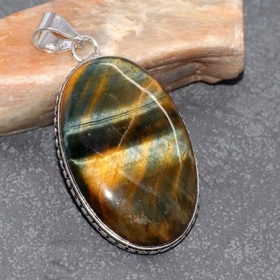 Colgante hecho a mano ojo de tigre negro enchapado en plata 925 2" regalo limitado GW Foto 1 de 3
