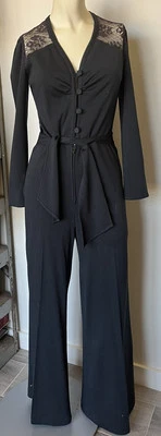 Vintage 1970s JC Penny Jumpsuit Black Button Bodice Lace Wide Leg Disco Sz XS - Image 1 of 4