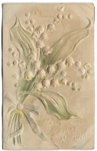 Vintage Postkarte Viele glückliche Rückkehr Bas Relief Luftbürste Lilien des Tales - Bild 1 von 2
