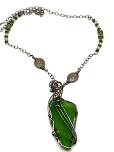 Sterling Silver Wire Wrapped Green Sea Glass Pendant Chain Necklace - Bild 1 von 17