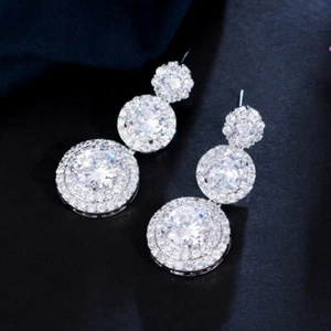 Orecchini pendenti goccia matrimonio placcati argento zirconi rotondi lusso grandi donna - Foto 1 di 6