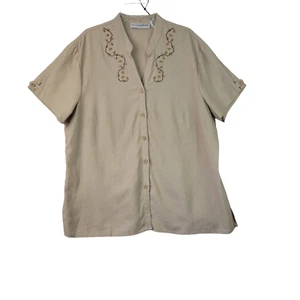 Sag Harbor Womens Beige Beaded Notch Neck Short Sleeve Button Up Blouse Size PXL - Picture 1 of 10