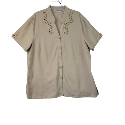 Sag Harbor Womens Beige Beaded Notch Neck Short Sleeve Button Up Blouse Size PXL - Image 1 of 4
