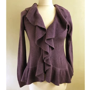 Cardigan Per Una Maglia Viola 12 Bordi Arruffati Chiusure Gancio Cascata - Foto 1 di 4