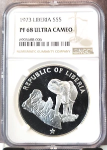 1973 LIBERIA SILVER 5 DOLLARS AFRICAN ELEPHANT NGC PF 68 ULTRA CAMEO SCARCE - Picture 1 of 3