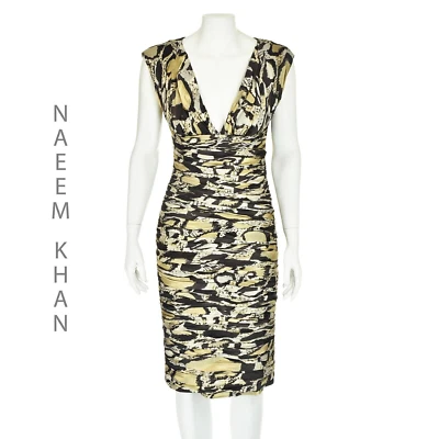 NAEEM KHAN коричневый и золотой шелк плотно собранными в Рюш глубокий v-образным вырезом коктейльное платье размер 4 - Изображение 1 из 4