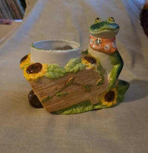 Vtg WCL Ceramic Planter Frog Wheelbarrow Sunflowers Dragonfly (1960-70's) - Picture 1 of 11