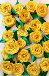 25Golden silk satin ribbon rose flowers with leaf .3cm satin ribbon rose card - Picture 1 of 20