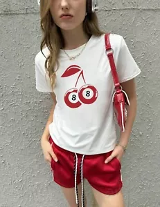 Ladies Size L Approx Size 12/14 White Cherry 8-ball Pool T-shirt Top NEW - Picture 1 of 3