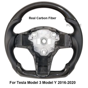 Flat Steering Wheel For 2016-2020 Tesla Model 3 Model Y Real Carbon Fiber NEW - Picture 1 of 7