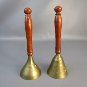 Vintage Lot of 2 Etched Brass Bells with Wooden Handles 9" India Ringers - Picture 1 of 7