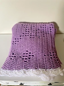 Baby Blanket NEW Purple Handmade Crochet 43" x 35" Throw Crib born butterfly - Picture 1 of 8