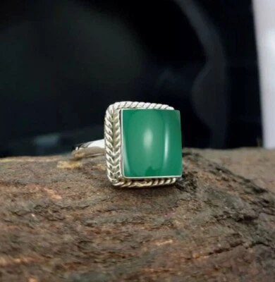 925 Argento Sterling Originale Donna Verde Onice Pietra Naturale Anelli - Immagine 1 di 4