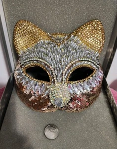 Tri Color Sequined Jem Party Wedding Fantasy Carnival Masquerade Cat Face Mask - Picture 1 of 11
