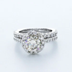 1 1/2ct I SI1 runder natürlicher zertifizierter Diamanten 18k Halo Ring mit passendem Band - Bild 1 von 11
