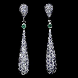 Orecchini Argento Sterling 925 Tondo Smeraldo Tanzanite Gemma Naturale Gioielli - Foto 1 di 14