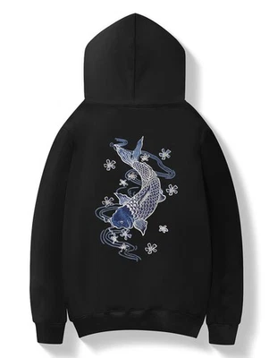 Niepce Men's Japanese Streetwear Sweatshirt Blue Koi Embroidered Hoodie