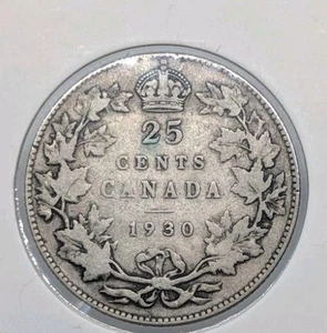 1930 Canadian Quarter - Canada 25 Cent Silver Coin - Circulated - Picture 1 of 2