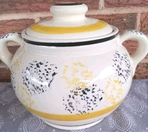 Vintage Roseville Ohio R.R.P. Blue and Yellow Crock Cookie Jar with Lid - Picture 1 of 6