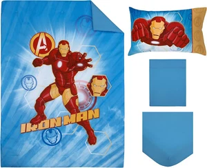 Toddler Cot Bed 4Pc Comforter Quilt Sheet Set Boys Blue Iron Man Avengers - Picture 1 of 8