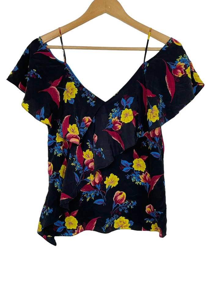 Diane Von Furstenberg Cold Shoulder Silk Blouse Ruffle Floral Black Size P - Image 1 of 4