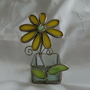 Stained Glass Yellow Flower Trinket Desk Bathroom Container 3x3x3 Paper Clips - Picture 1 of 7