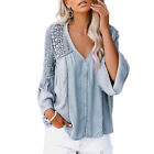 Long Sleeves Lace Patchwork Solid V Neck Loose Casual Comfortable Women Blouse