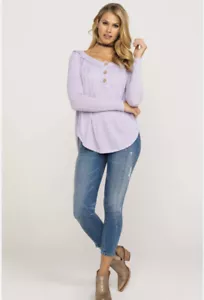 Free People We The Free Must Have Waffle-Knit Henley Tee Lavender Size Medium - Picture 1 of 7