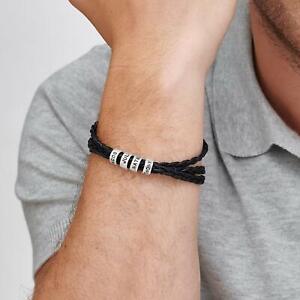 Men's Black Braid Leather Bracelet with Small Custom Name Beads Romantic Gift