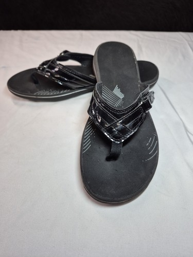 Clarks Soft Cushion taglia 11 nero infradito perizoma sandalo gancio e passante regolabile