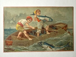 Le Thon The Tuna Children Fishing for Tuna Victorian Trade Card 1880s antique - Picture 1 of 7