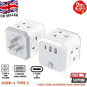4 Way Plug Extension Adapter UK Socket Power Extender with 3 USB for Home Office - Picture 1 of 19