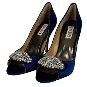 Badgley Mischka Goodie Satin Embellished Peep Toe Heels Navy Size 8.5 - Picture 1 of 12