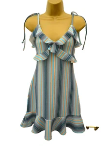 BOOHOO Ladies Size 8 Blue Orange Striped Ruffle Frilly V Neck A Line Mini Dress - Picture 1 of 10