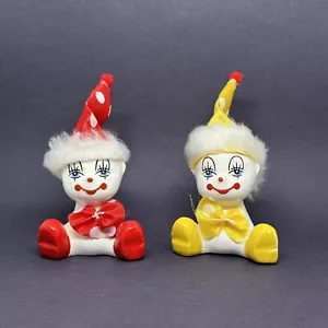 Vintage Sitting Clowns Mini Porcelain Figurines Red Yellow Fabric Hat Tie - Picture 1 of 11