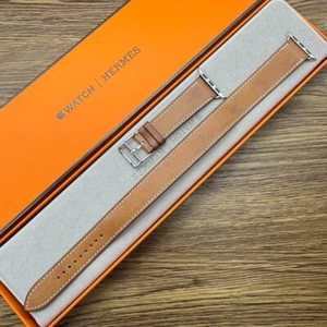 HERMES Apple Watch 38-41mm Fauve Brown Leather Band Double Tour Near Mint no box - Zdjęcie 1 z 8
