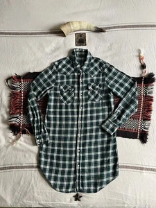 Western Sawtooth Shirt Made Japan XS-S  Flannel Check Longline Dress Rockabilly - Picture 1 of 16