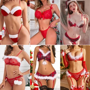 Christmas Bra Thong Set Sexy Lingerie Santa Claus Costumes Cute Underwear Teddy - Picture 1 of 63