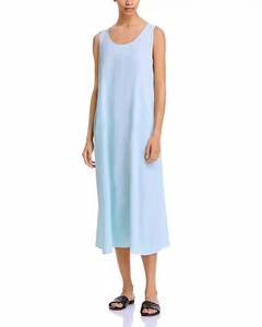 Eileen Fisher, 100% Silk Georgette Crepe Scoop Neck Dress, Sky, L, New w Tags - Picture 1 of 6