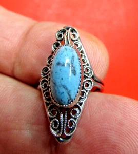 .800 SILVER FILLIGREE RING TURQUOISE STONE SZ 5 TO 5.5 ADJ. WOMENS VICTORIAN EX - Picture 1 of 16