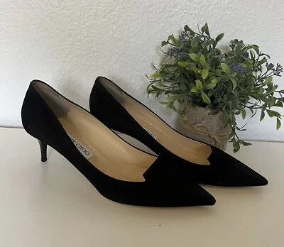$800 JIMMY CHOO Allure 55 Gatito Clásico Gamuza Bomba NEGRO TACÓN PUNTIAGUDO 39 EE. UU. 9 Foto 1 de 4