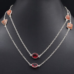 Sunstone Gemstone Sterling Silver Plated Handmade Necklace 36" Jewelry G698