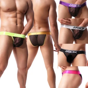 Mens Sheer Mesh Waistband Bulge Pouch Low Rise Briefs Thong G-String Underwear - Picture 1 of 18