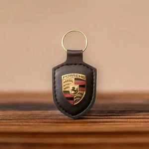 NEW PORSCHE LEATHER CREST KEY RING FOB CHAIN BLACK WAP0500950E - Picture 1 of 2
